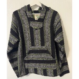 Baja‎ Joe Mens Hooded Poncho Black Green White Herringbone Mexican Pullover